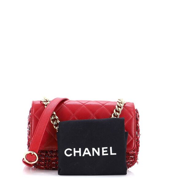 Chanel Chain Handle CC Flap Bag Quilted Lambskin and Tweed Small Red - Picture 2 of 10